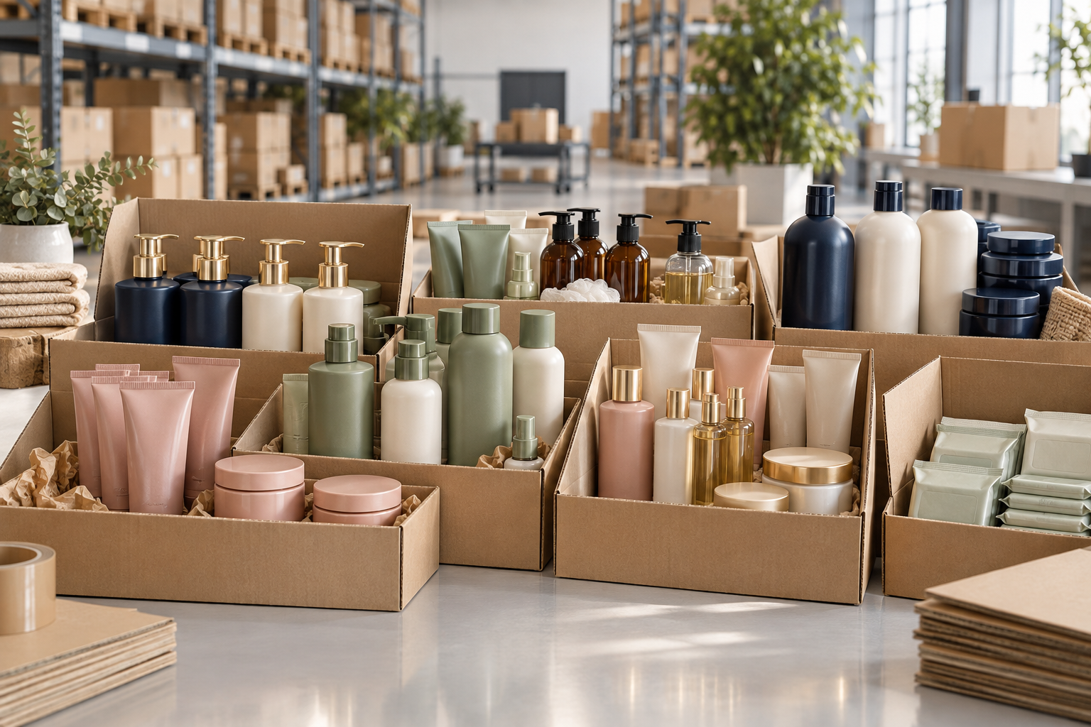Beauty and personal-care stock arranged in wholesale cartons