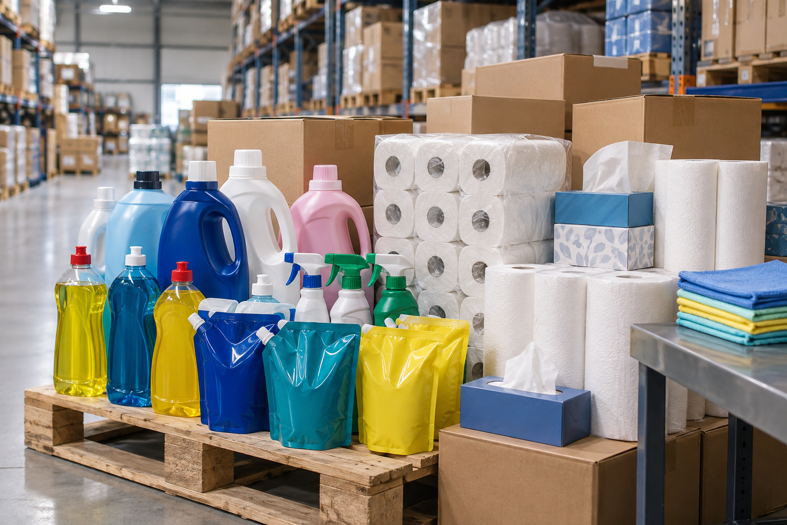 Household cleaning and paper products arranged for wholesale distribution